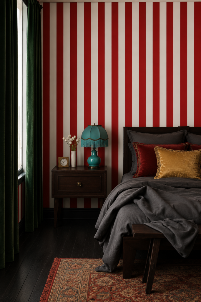 red and white stripe bedroom